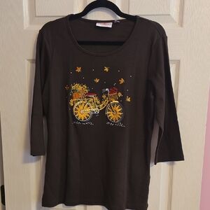 Quacker Factory Brown Long Sleeve Top with Bicycle and Floral Design